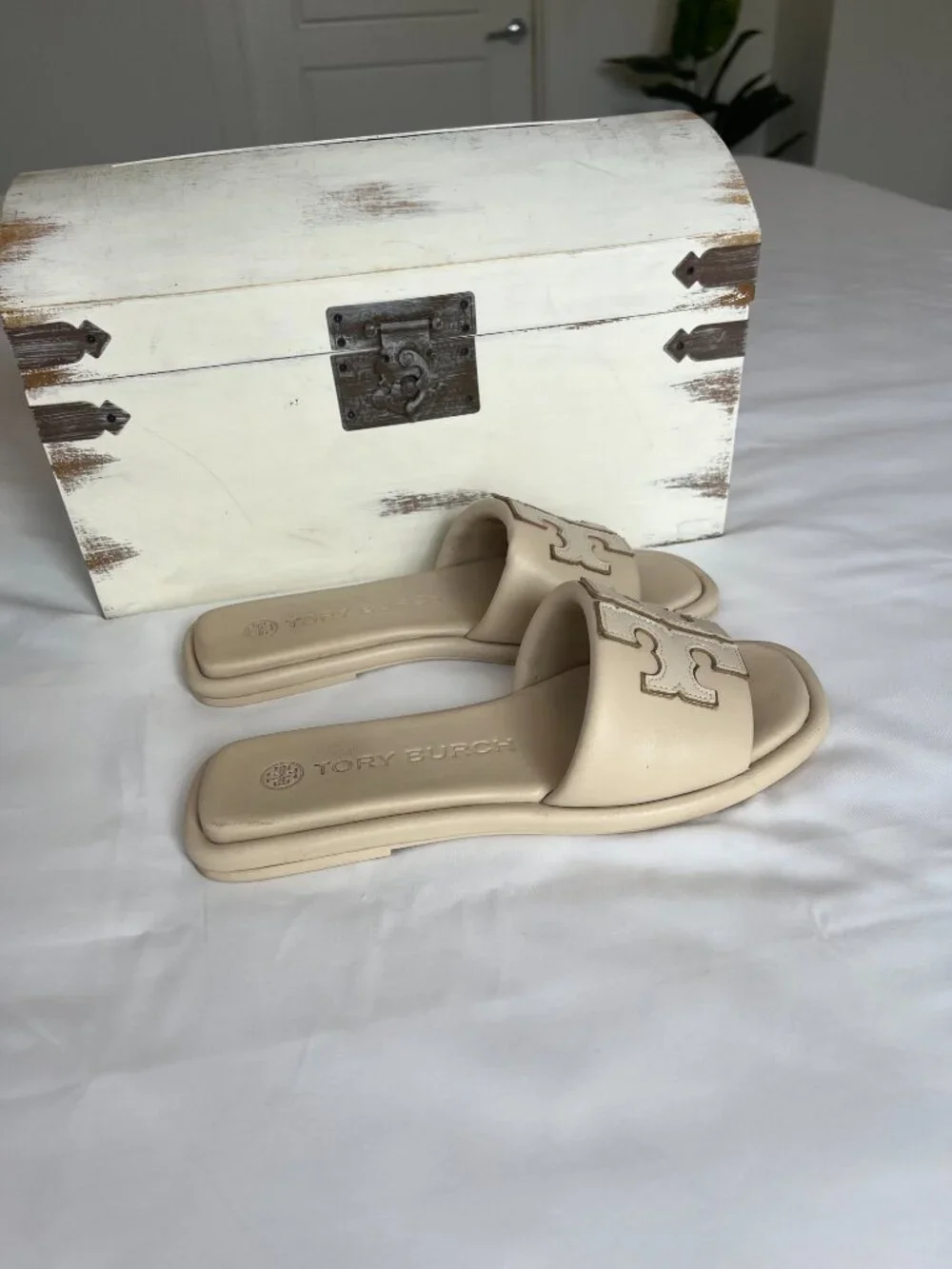 Tory Burch Double T Sport Slide Sandals Sz 6.5 Dulce De Leche Napa Leather Gold - Picture 7 of 13
